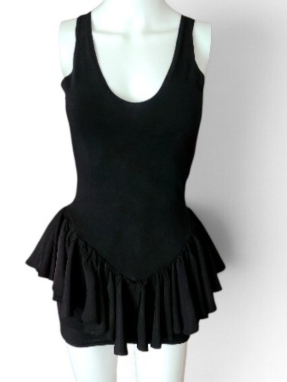 Vintage Handmade 1980s Black Bodycon Mini Dress With Drop-Waist Peplum Ruffle